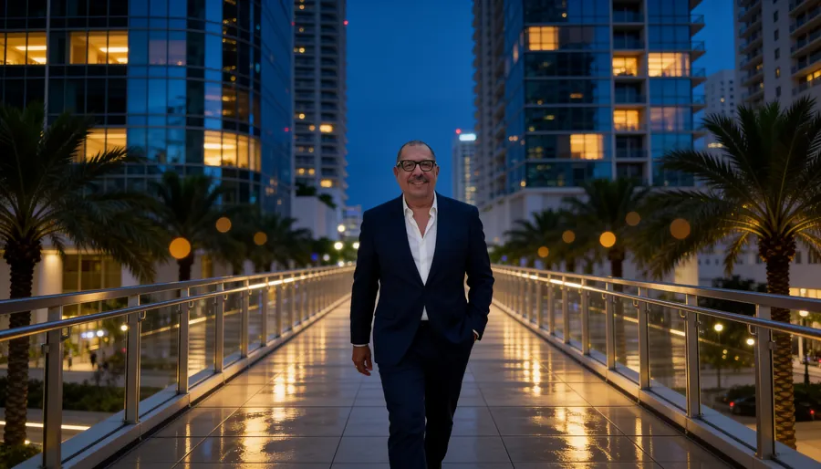 Álvaro caminando en Brickell de noche