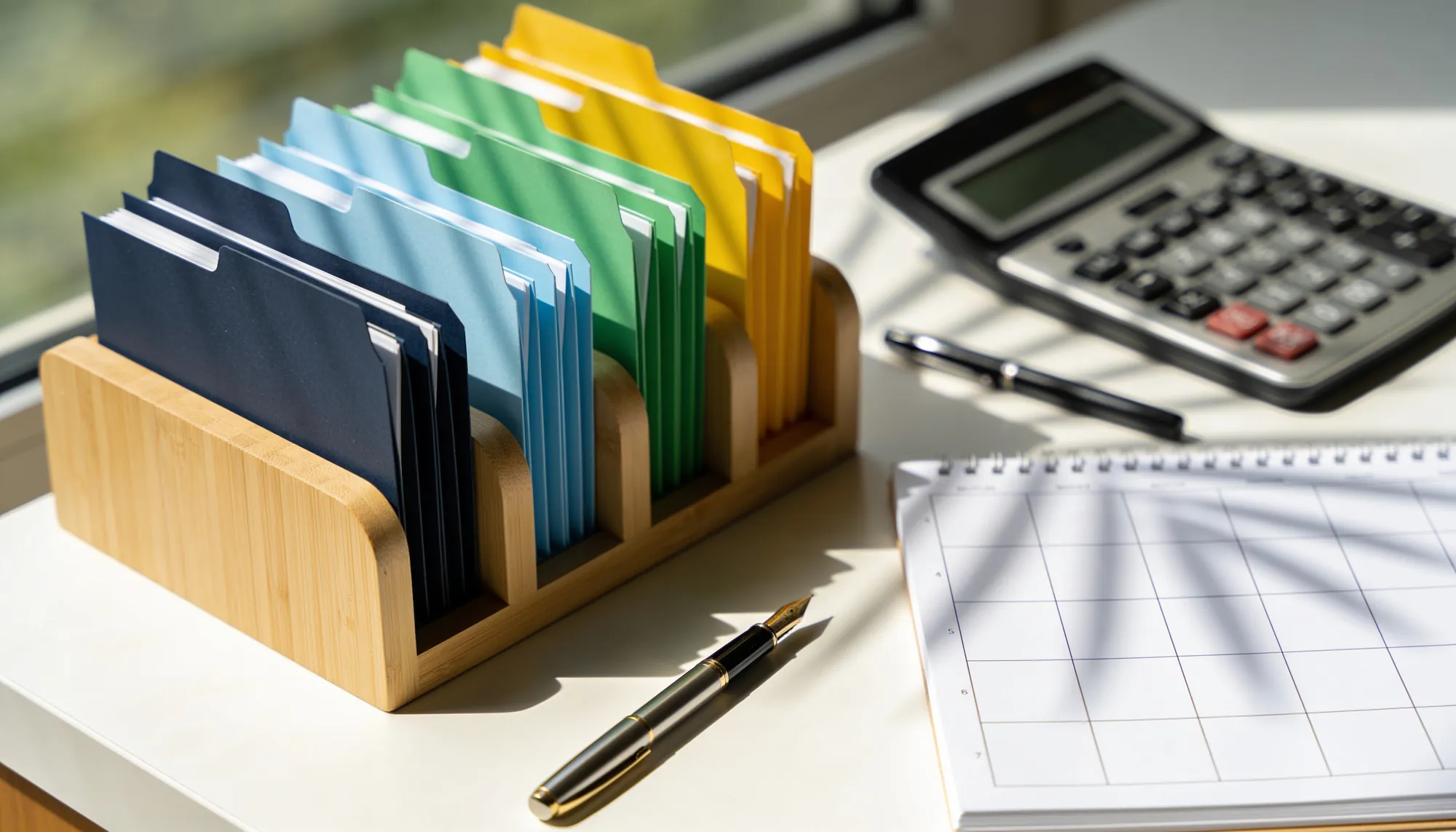 Carpetas de impuestos ordenadas y una calculadora