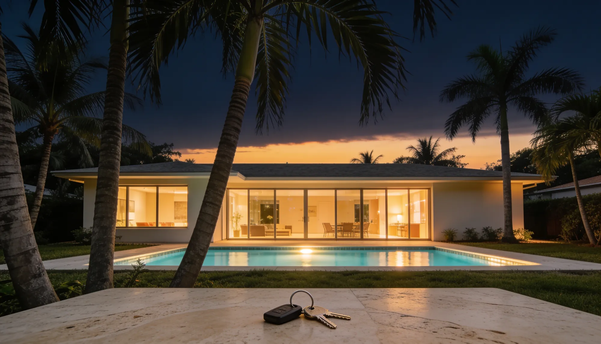 Casa con piscina en Florida al atardecer