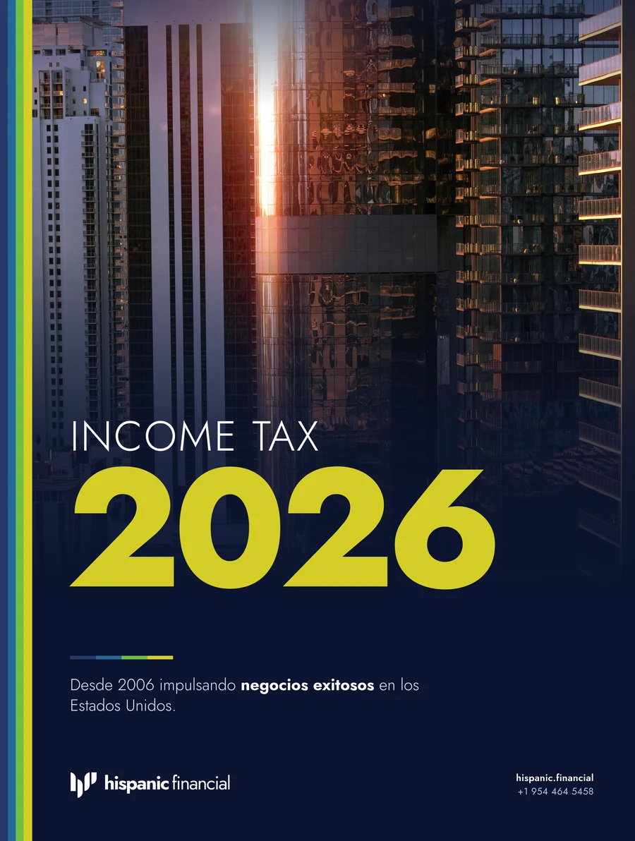 Portada A: Brickell al atardecer, INCOME TAX 2026 en amarillo y la franja de cuatro colores en el lomo