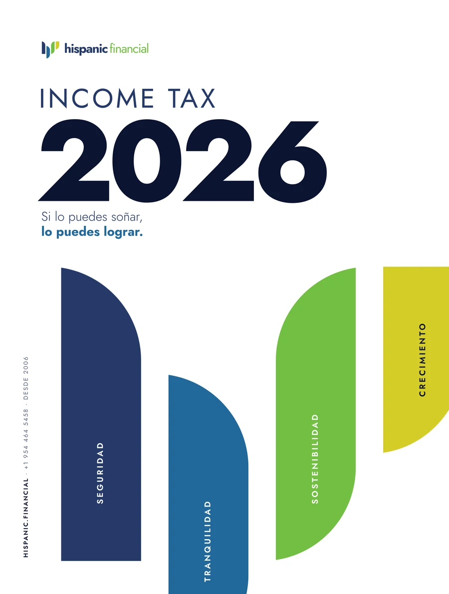 Portada C: fondo blanco, INCOME TAX 2026 en azul y el símbolo gigante con las cuatro promesas