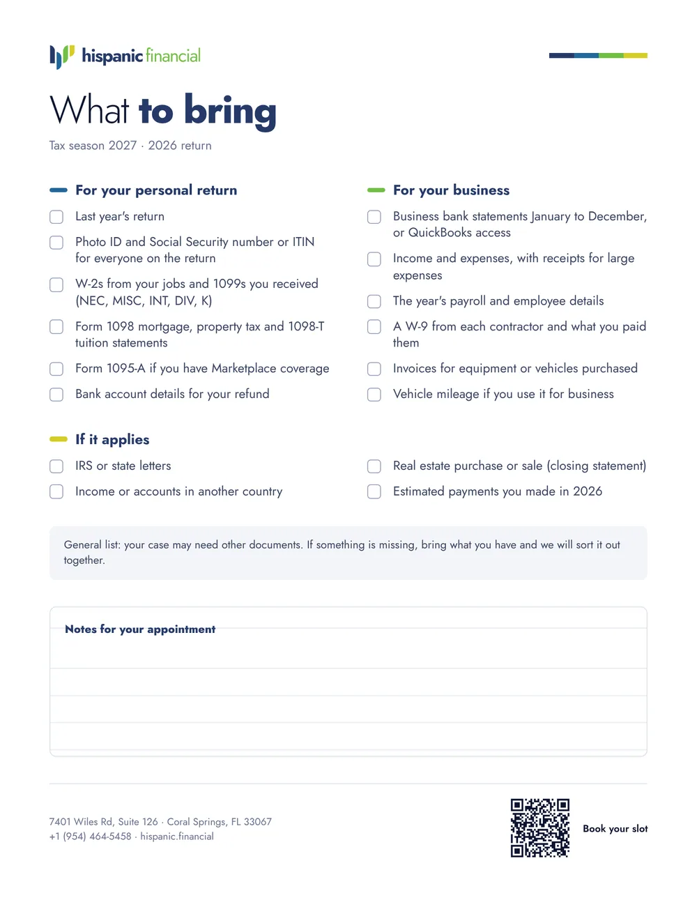 Document checklist for the appointment