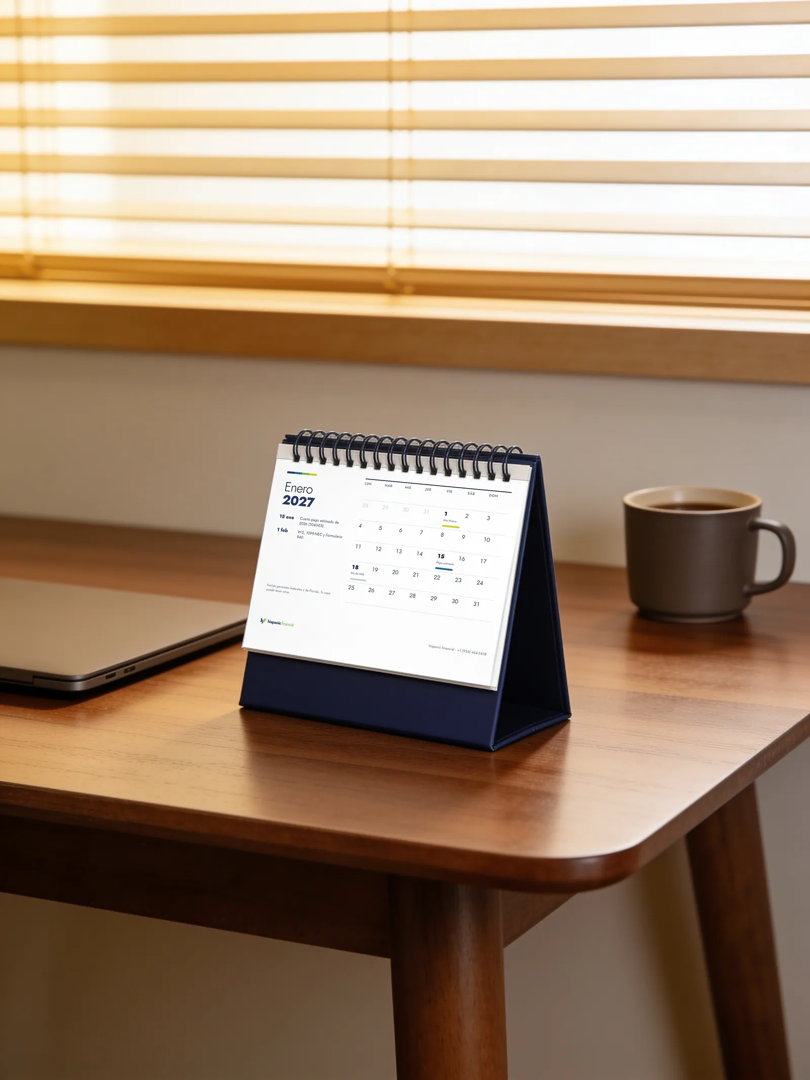 Calendario de escritorio 2027 en una mesa