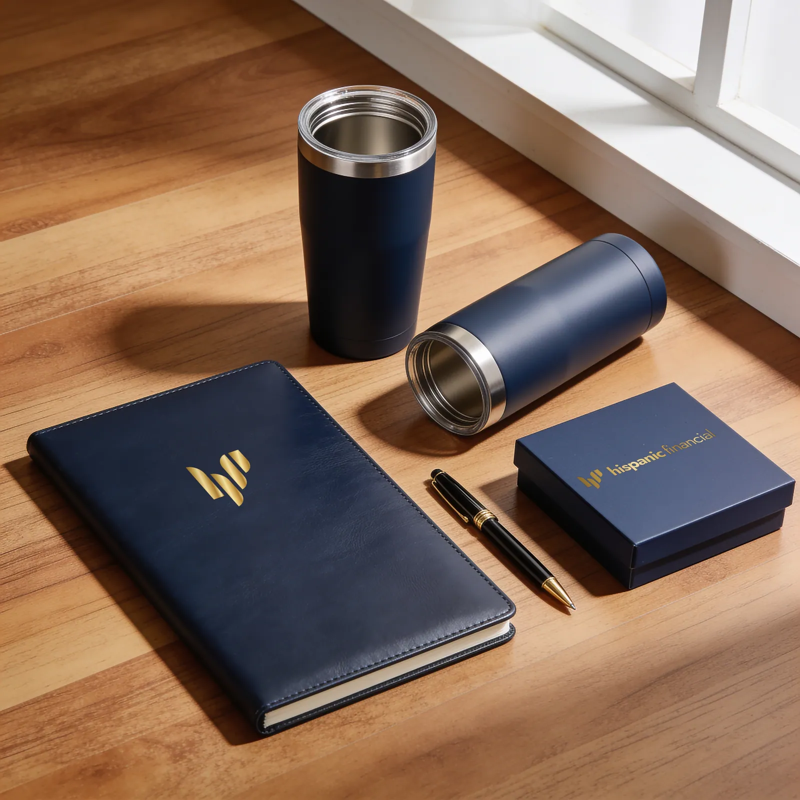 Libreta, termos, bolígrafo y caja con el logo en foil